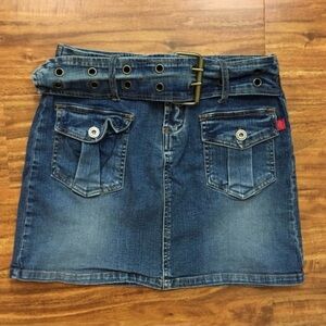 Vintage 90s Hot Kiss USA Belted Stretch Denim Mini Skirt Size 5 Streetwear Girly